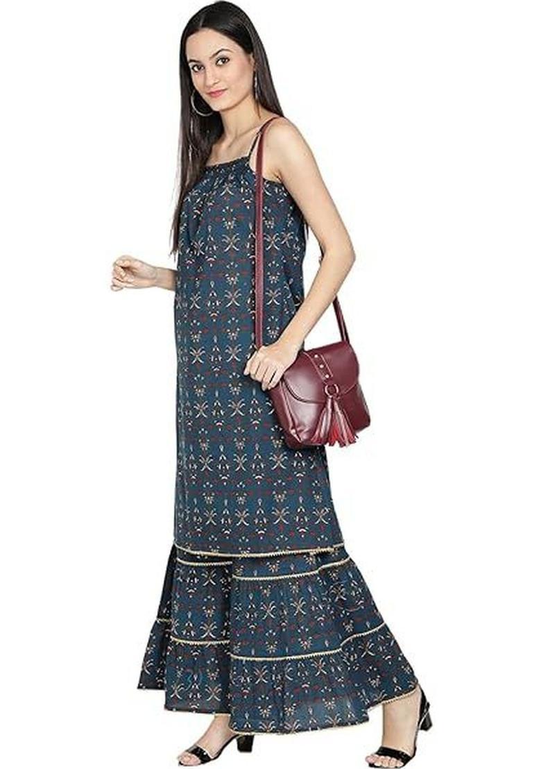 Navy Blue Printed Cotton A Line Kurta Sets - Indya