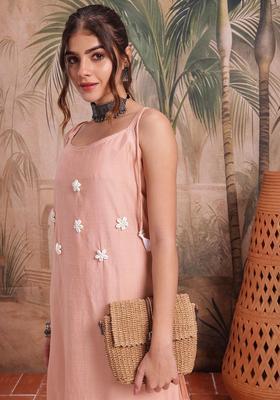 Peach Embroidered Cotton Straight Kurta Sets