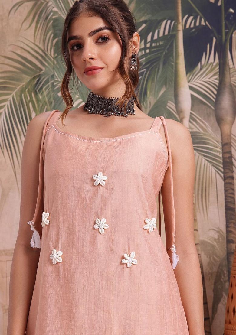 Peach Embroidered Cotton Straight Kurta Sets - Indya