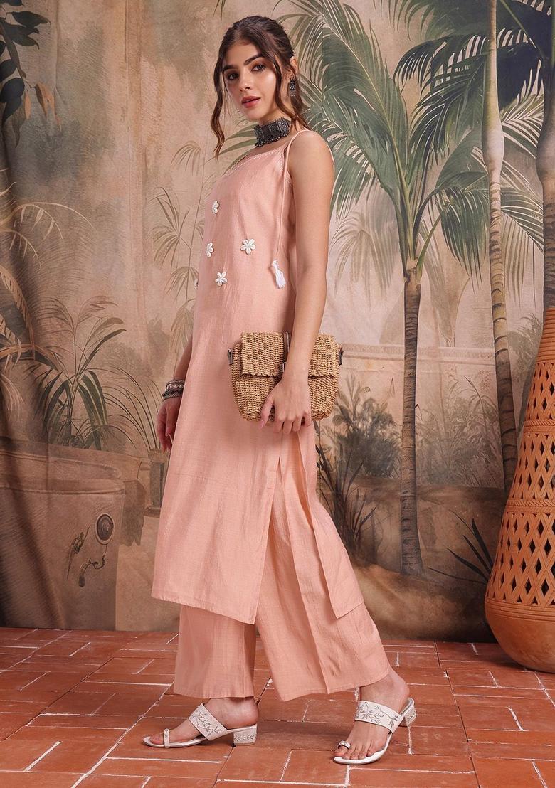 Peach Embroidered Cotton Straight Kurta Sets - Indya