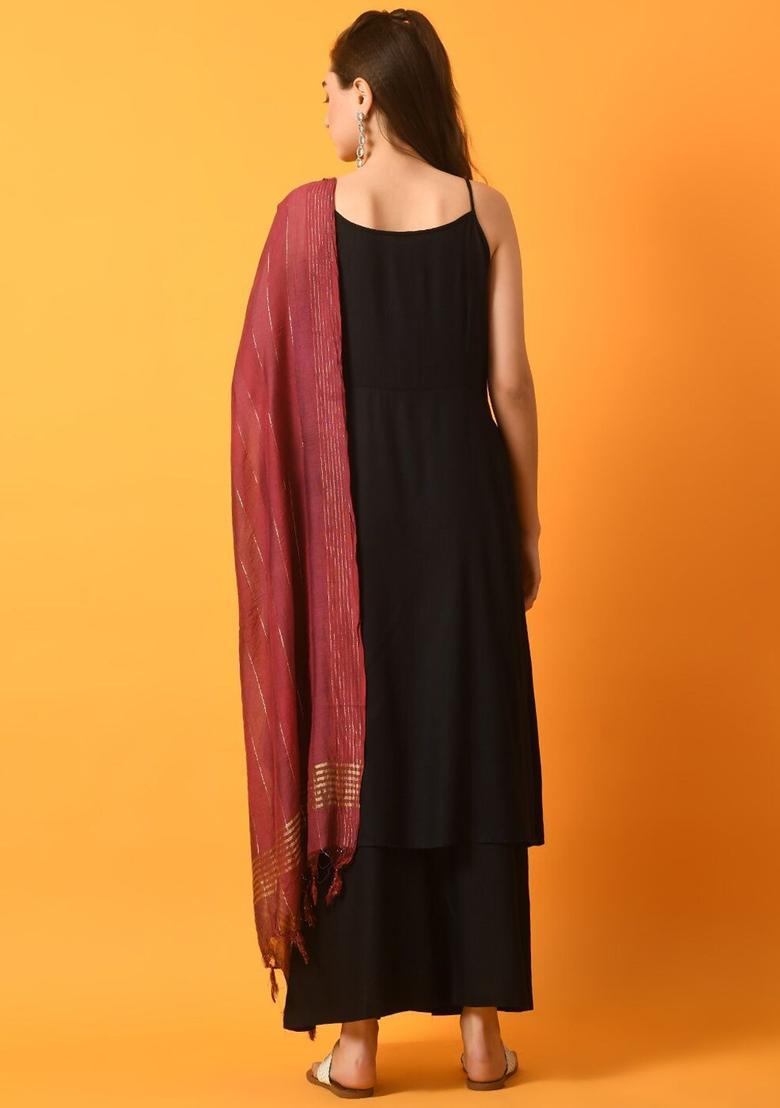 Black Solid Viscose A Line Kurta Sets - Indya