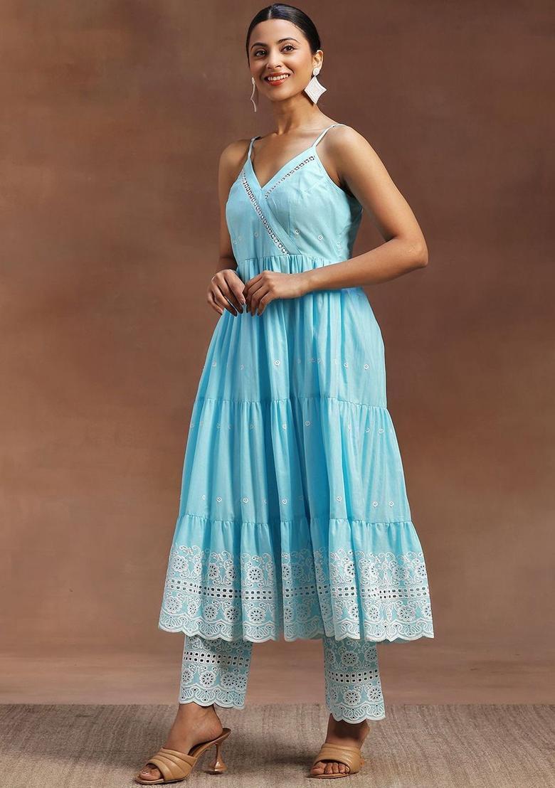 Blue Printed Cotton Anarkali Sets - Indya