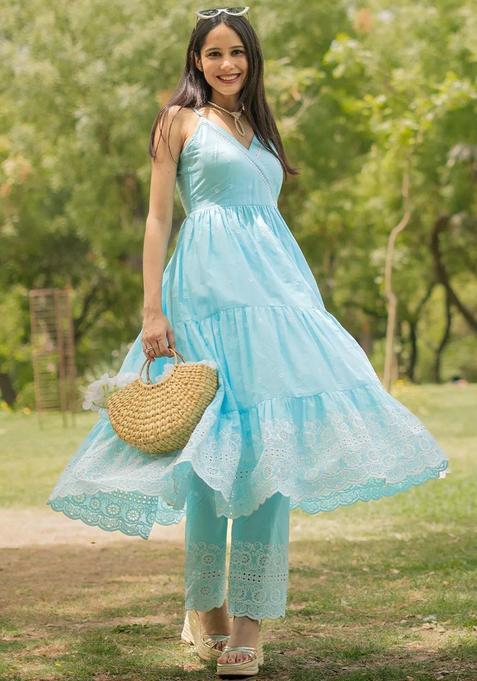 Blue Printed Cotton Anarkali Sets — view on Indya
