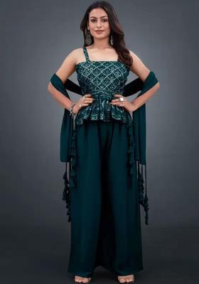 Teal Embroidered Georgette A Line Kurta Sets