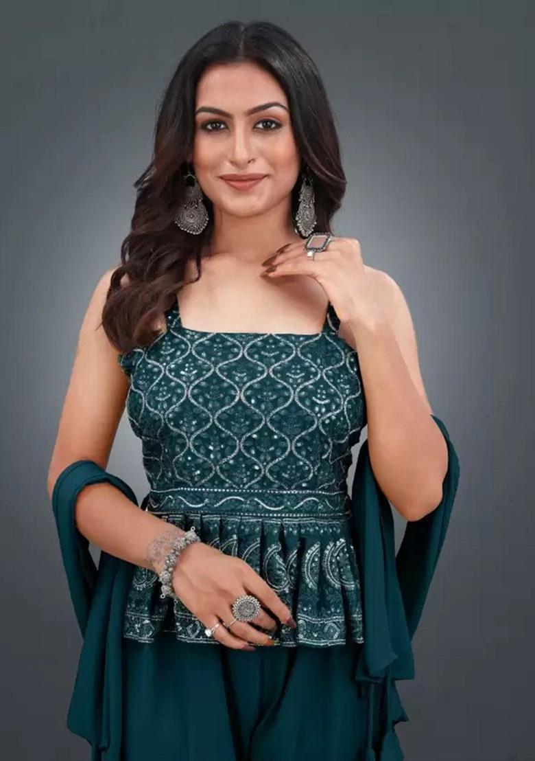 Teal Embroidered Georgette A Line Kurta Sets - Indya