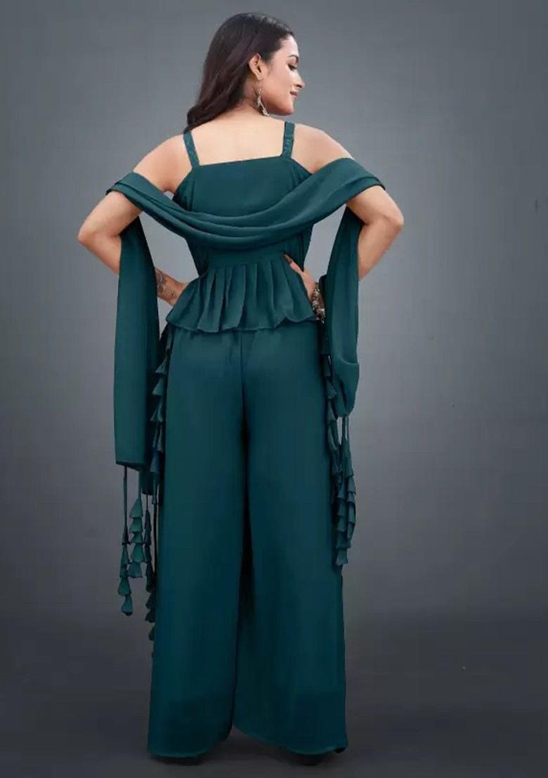 Teal Embroidered Georgette A Line Kurta Sets - Indya