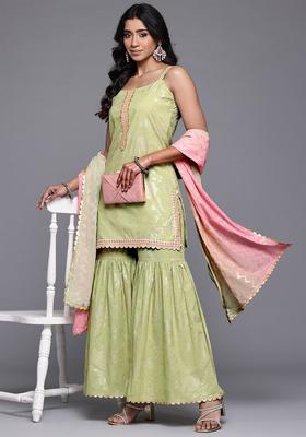 Green Printed Cotton Straight Kurta Sets