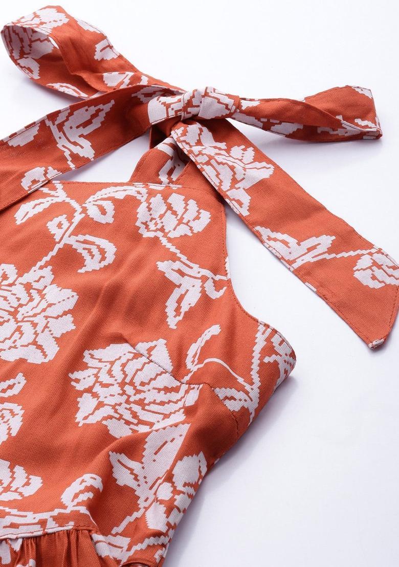 Rust Printed Viscose A Line Kurta Sets - Indya