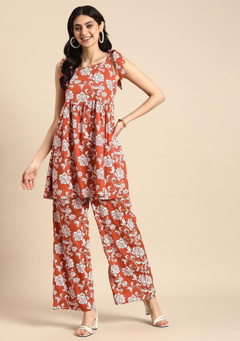 Rust Printed Viscose A Line Kurta Sets - Indya