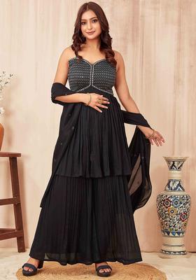 Charcoal Embroidered Silk A Line Kurta Sets