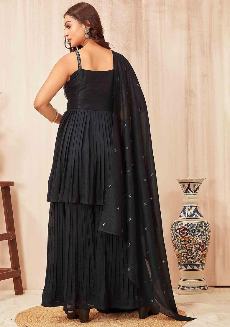 Charcoal Embroidered Silk A Line Kurta Sets - Indya