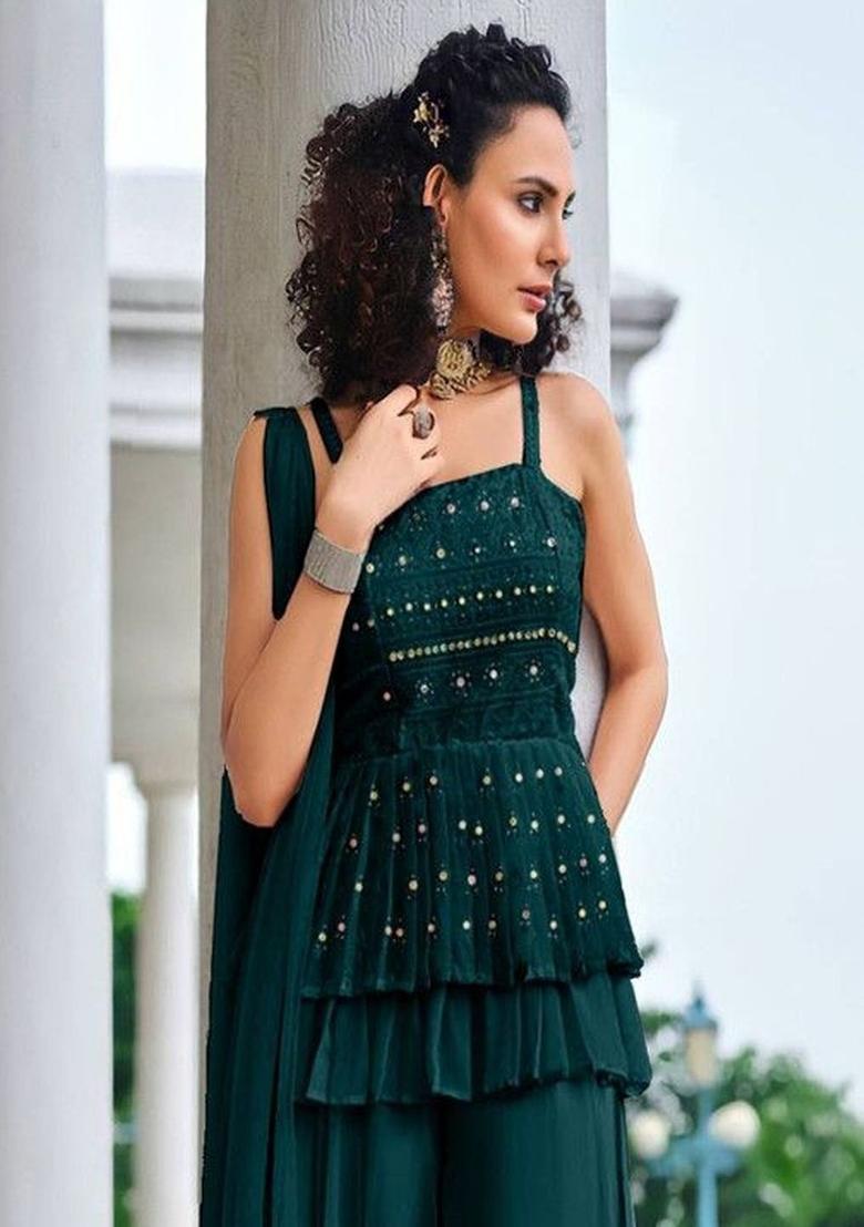Green Embroidered Georgette A Line Kurta Sets - Indya