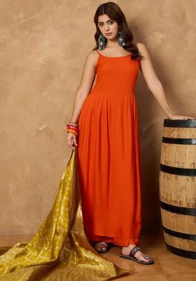 Orange Solid Viscose Anarkali Sets