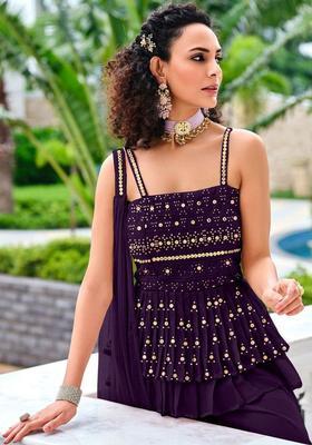 Purple Embroidered Georgette A Line Kurta Sets