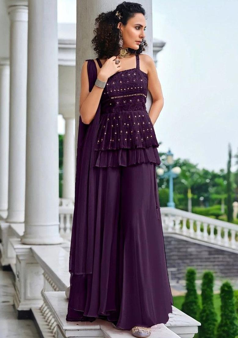 Purple Embroidered Georgette A Line Kurta Sets - Indya