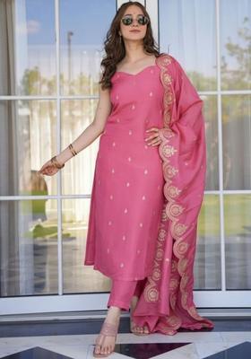 Pink Embroidered Viscose Straight Kurta Sets