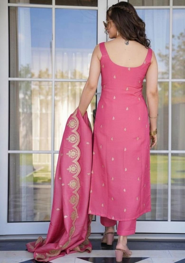 Pink Embroidered Viscose Straight Kurta Sets - Indya
