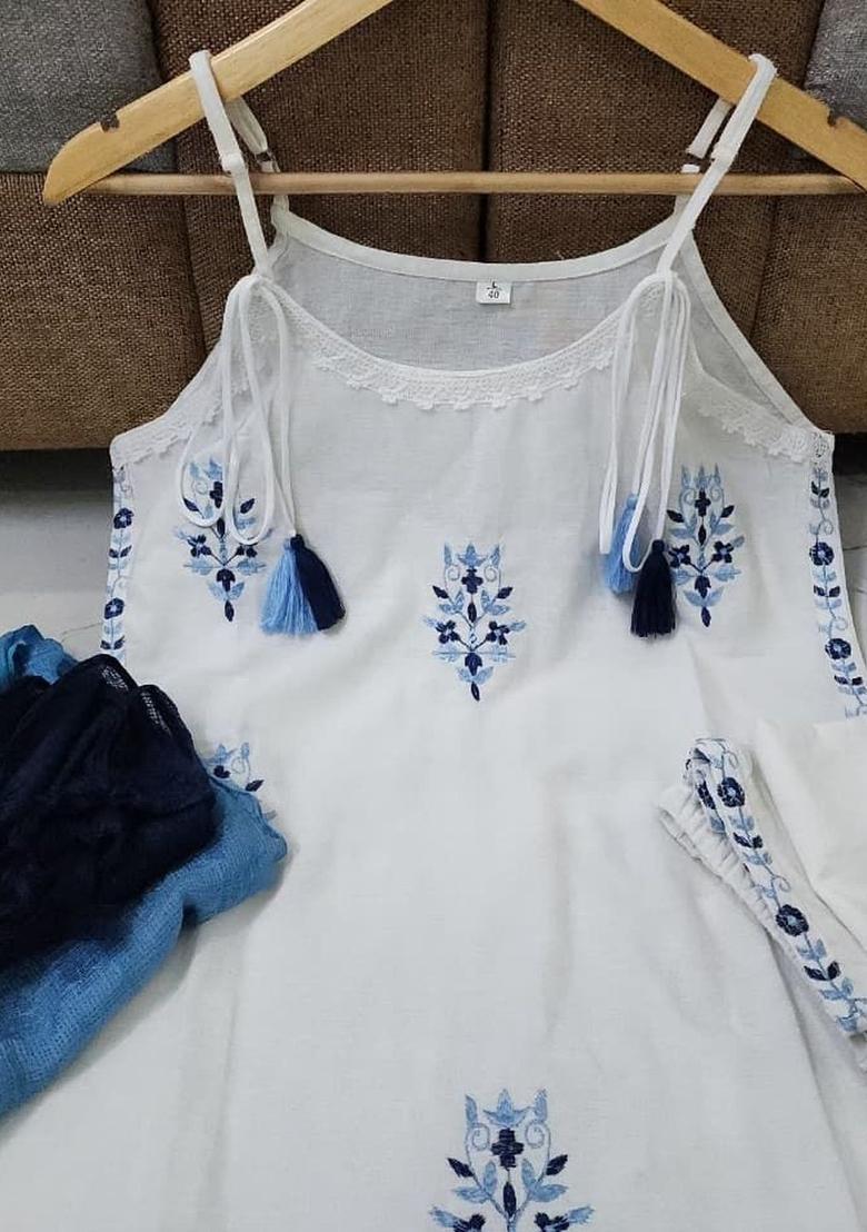 Off White Embroidered Cotton Straight Kurta Sets - Indya