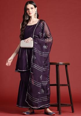 Burgundy Printed Polyester Straight Kurta Sets