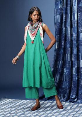 Green Solid Cotton A Line Kurta Sets