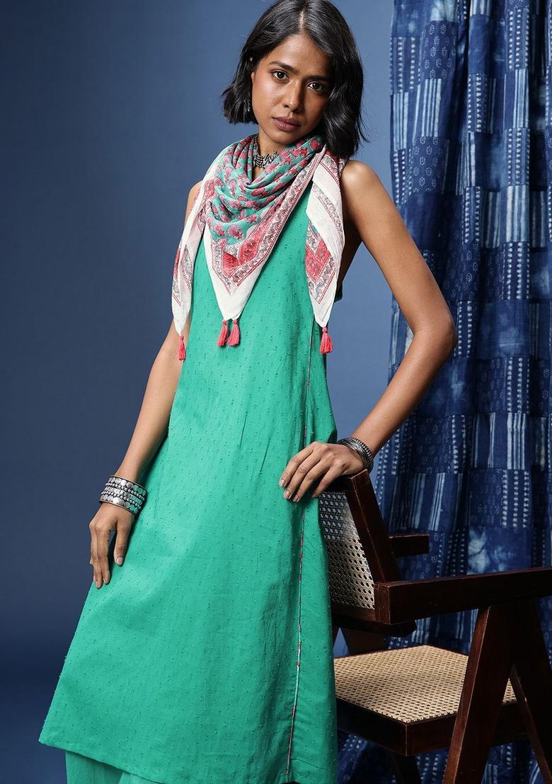 Green Solid Cotton A Line Kurta Sets - Indya