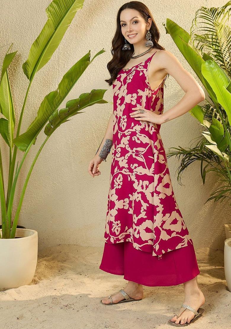 Pink Printed Viscose A Line Kurta Sets - Indya
