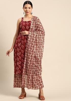 Maroon Printed Cotton Straight Kurta Sets