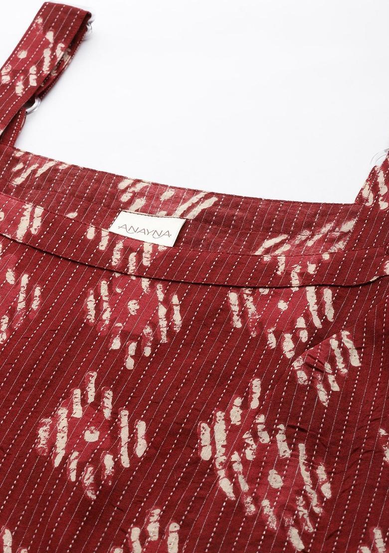 Maroon Printed Cotton Straight Kurta Sets - Indya