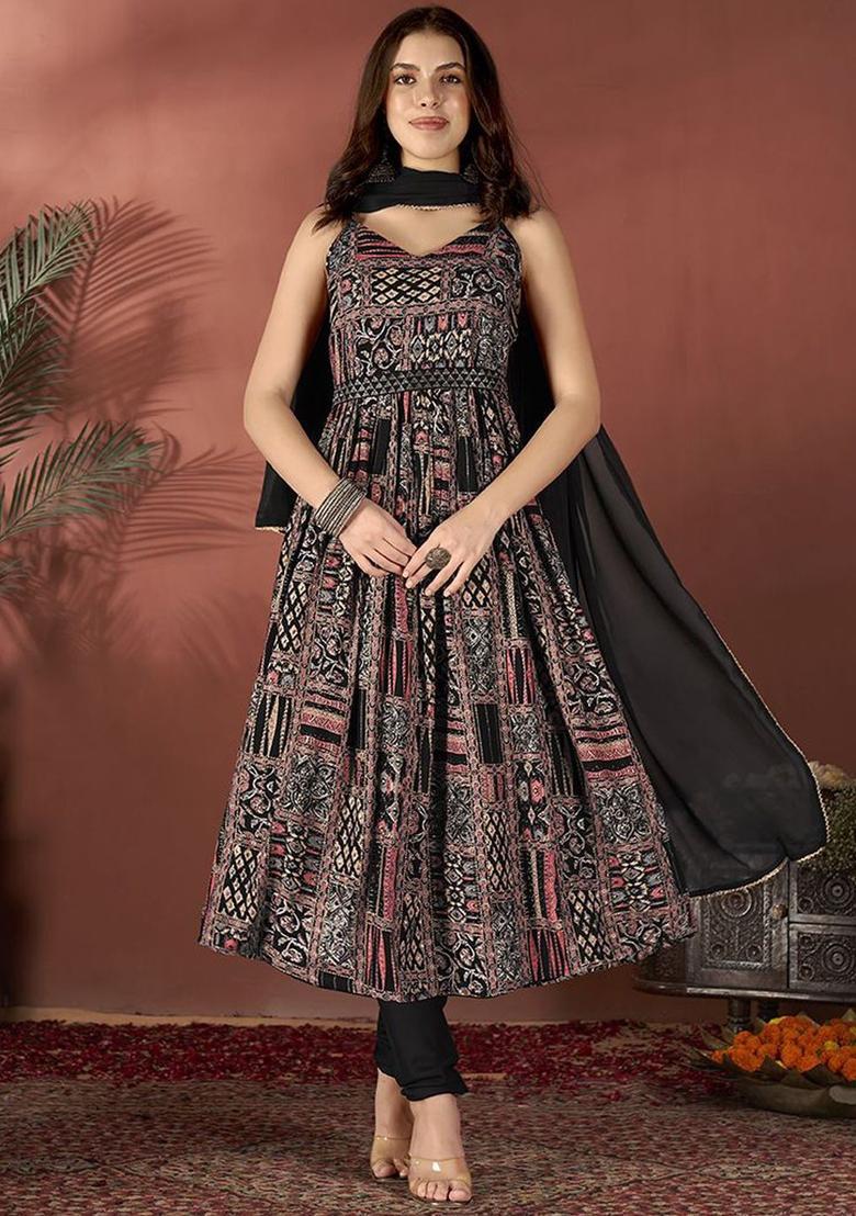 Black Printed Viscose Anarkali Sets - Indya