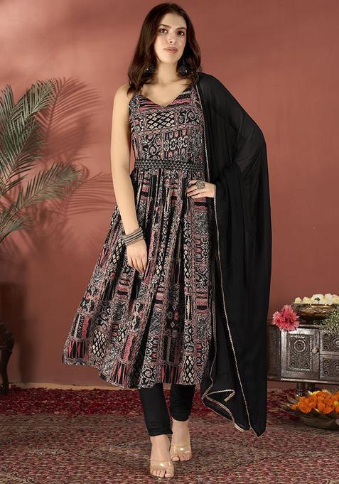 Black Printed Viscose Anarkali Sets — view on Indya