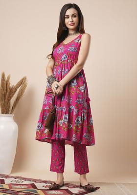 Pink Printed Cotton A Line Kurta Sets