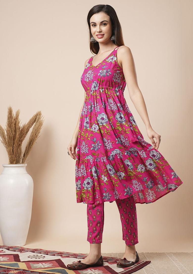 Pink Printed Cotton A Line Kurta Sets - Indya