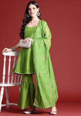 Green Solid Polyester A Line Kurta Sets