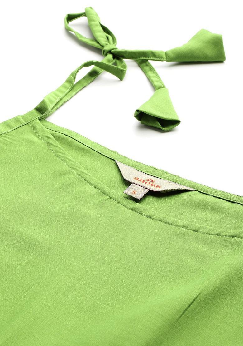 Green Solid Polyester A Line Kurta Sets - Indya