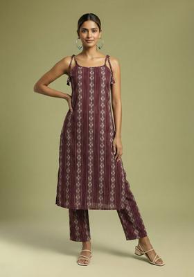 Brown Embroidered Cotton Straight Kurta Sets