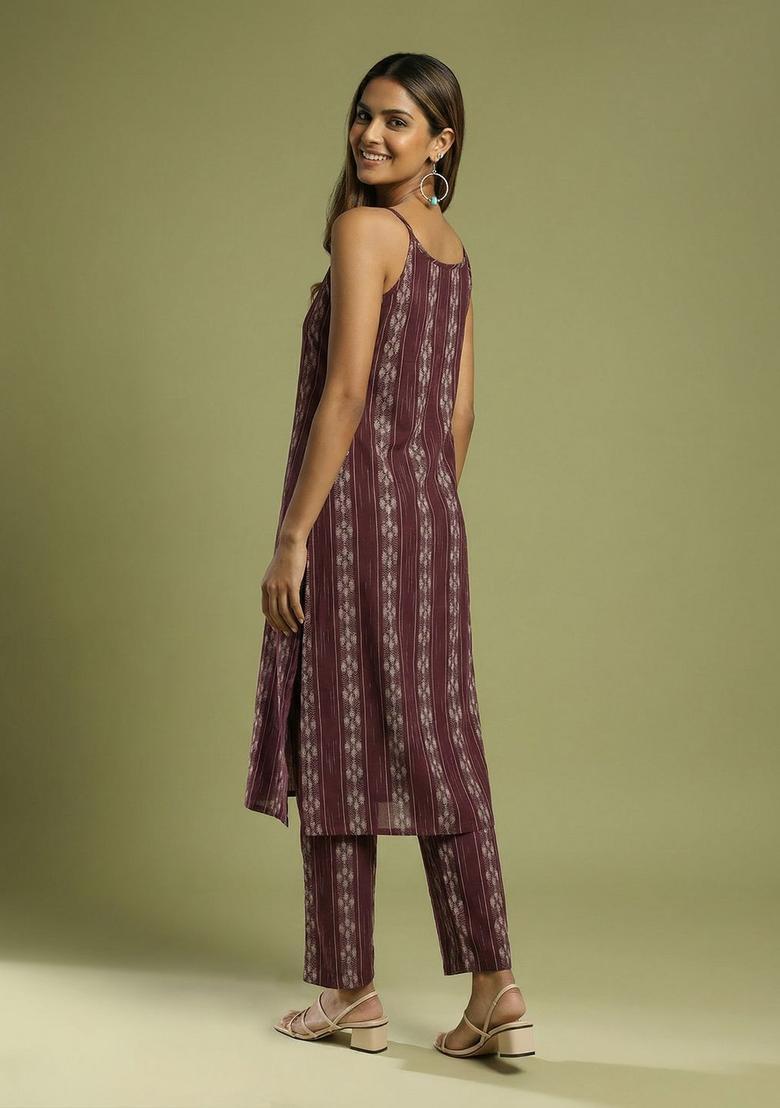 Brown Embroidered Cotton Straight Kurta Sets - Indya