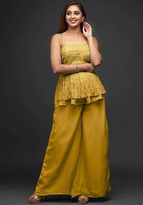 Yellow Embroidered Georgette A Line Kurta Sets