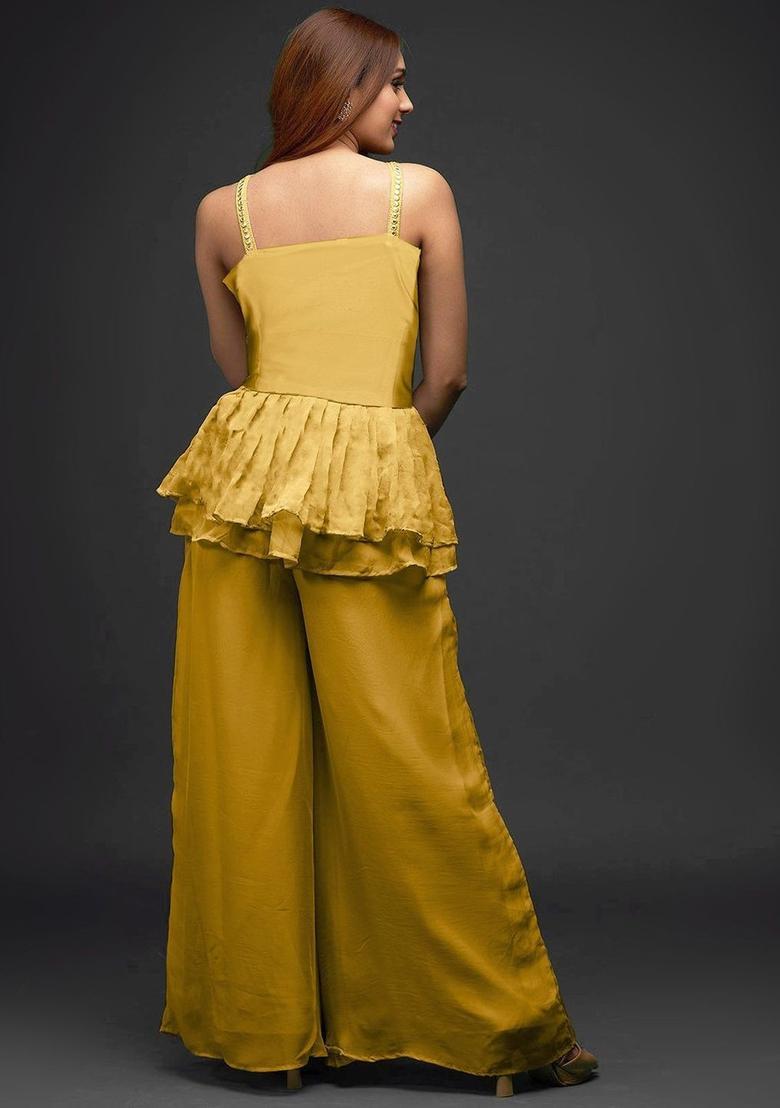 Yellow Embroidered Georgette A Line Kurta Sets - Indya