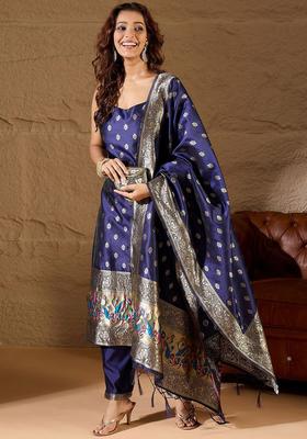 Blue Embroidered Cotton Straight Kurta Sets