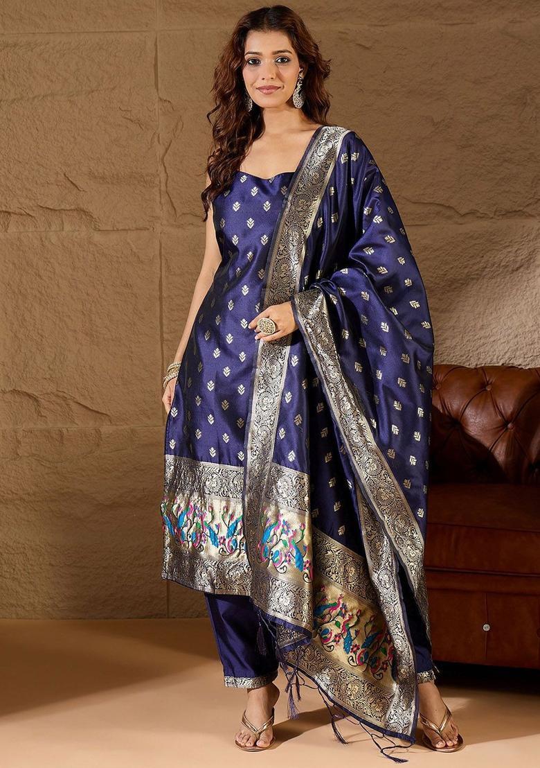 Blue Embroidered Cotton Straight Kurta Sets - Indya