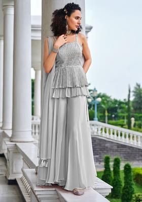 Grey Embroidered Georgette Anarkali Sets