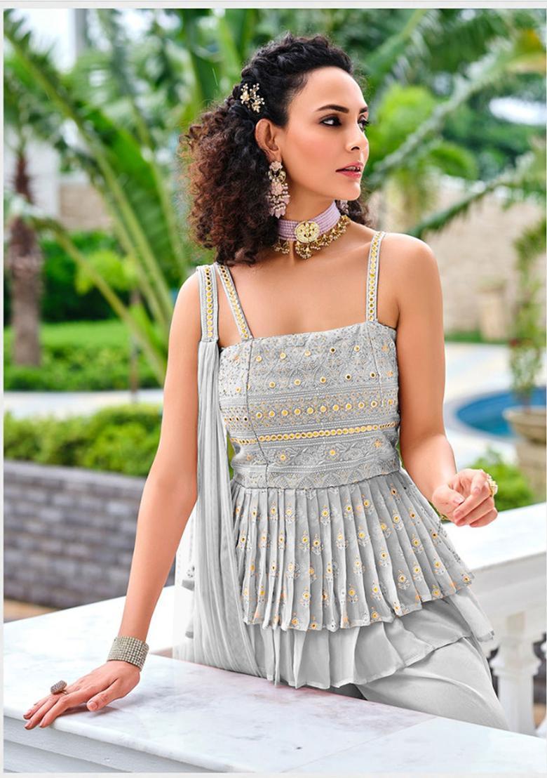Grey Embroidered Georgette Anarkali Sets - Indya