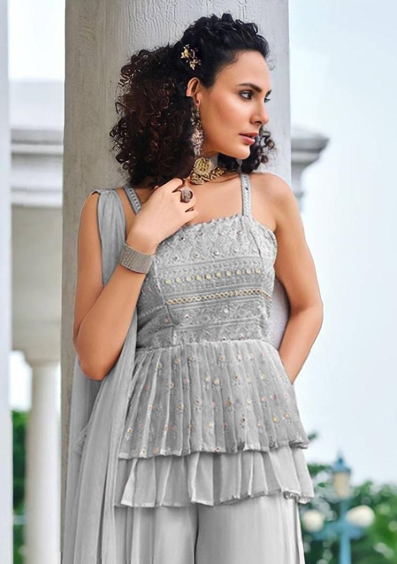 Grey Embroidered Georgette Anarkali Sets - Indya