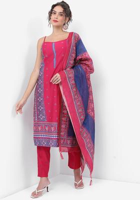 Pink Printed Polyester Straight Kurta Sets