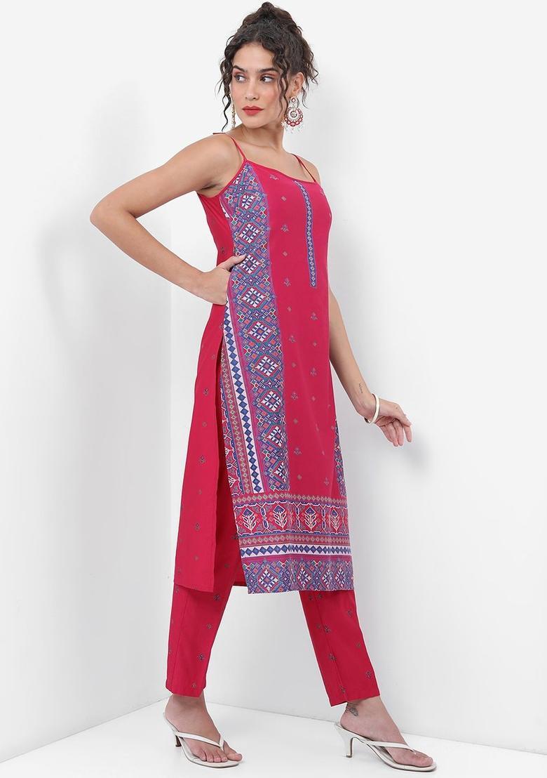 Pink Printed Polyester Straight Kurta Sets - Indya