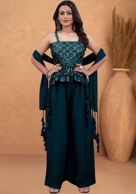 Teal Embroidered Georgette A Line Kurta Sets