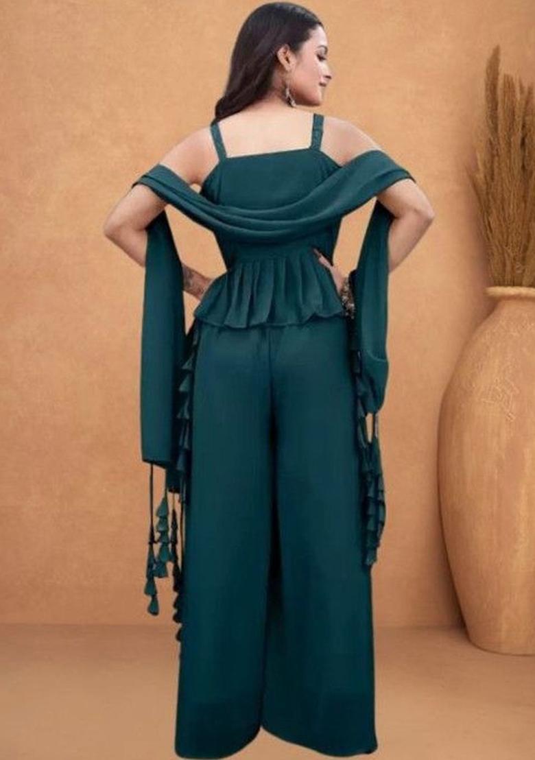 Teal Embroidered Georgette A Line Kurta Sets - Indya