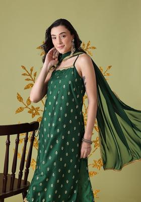 Green Printed Polyester Straight Kurta Sets
