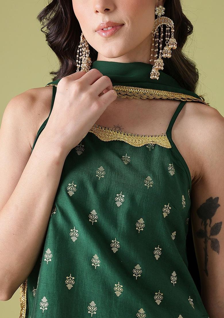 Green Printed Polyester Straight Kurta Sets - Indya