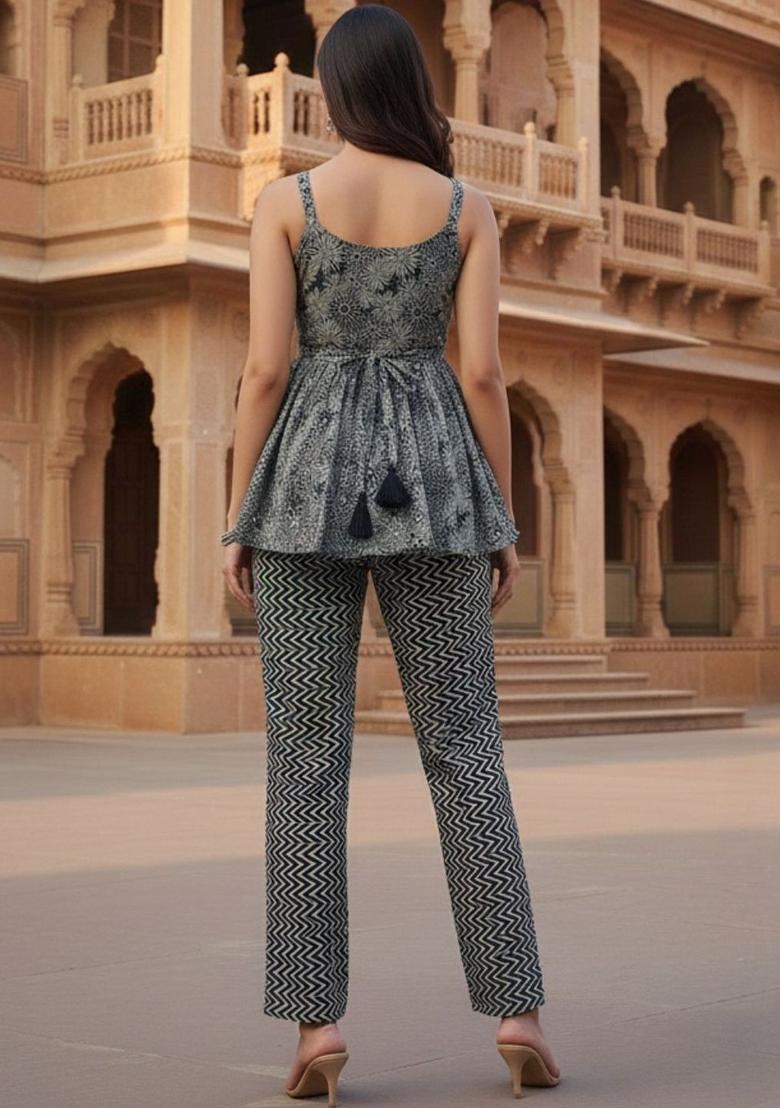 Blue Printed Cotton A Line Kurta Sets - Indya